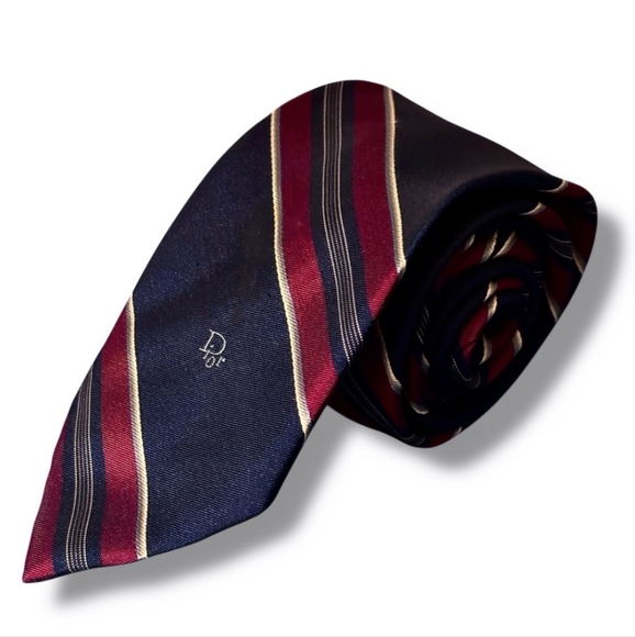 DIOR Embroidered Logo Variegated Stripe Silk Blend Tie Narrow Width VINTAGE - Picture 1 of 5